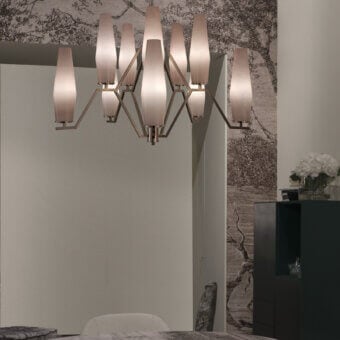 Distinguished Patrizia Garganti Frida chandelier crafted in Italy with pale beige glass shades and satin gold-toned metal structure