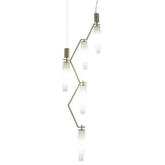 Exceptional Patrizia Garganti Frida suspension lamp with elongated form crafted in brushed gold-toned metal and hand-blown glass shades