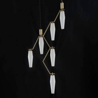 Distinguished Patrizia Garganti Frida suspension lamp with geometric form crafted in blown glass and polished gold-finished metal