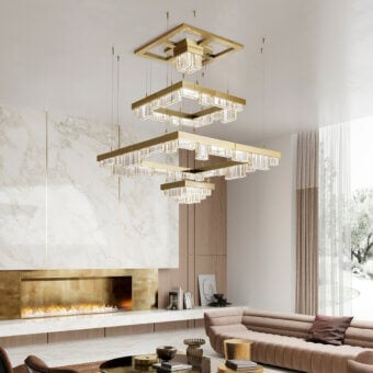 Captivating Patrizia Garganti Gisele chandelier with tiered geometric form crafted in radiant golden laser-cut steel and transparent modules