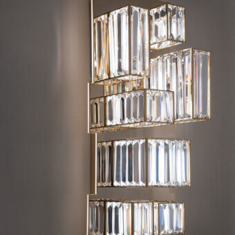 Superior Patrizia Garganti Gisele wall lamp built in polished brass with illuminated clear faceted glass blocks