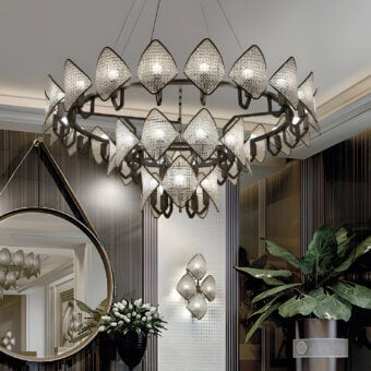 Distinguished Patrizia Garganti Holly Units chandelier with cascading diamond shades crafted in textured metallic material and frosted glass