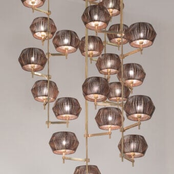 Harmonious Patrizia Garganti Novecento EX01 chandelier with twenty-four light sources in brown eco leather and polished gold metal frame