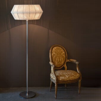 Distinguished Patrizia Garganti Novecento floor lamp with white string lampshade and satin-finish metal stem crafted in Italy