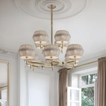 Elegant Patrizia Garganti Novecento suspension lamp with layered beige textile shades and satin brass-like metal frame crafted in Italy