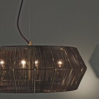 Exceptional Patrizia Garganti Novecento suspension lamp with brown eco leather and braided leather cable, exhibiting a subtly textured matte finish