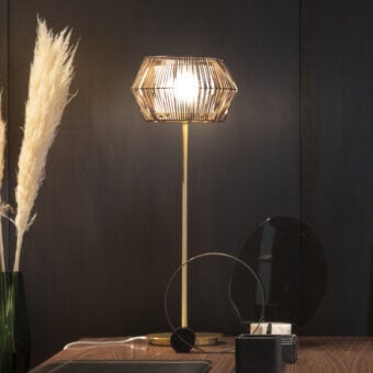 Distinguished Patrizia Garganti Novecento table lamp with geometric metal form and warm gold satin finish