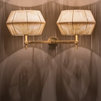 Architectural Patrizia Garganti Novecento wall lamp with white string lampshade and brass-like finish