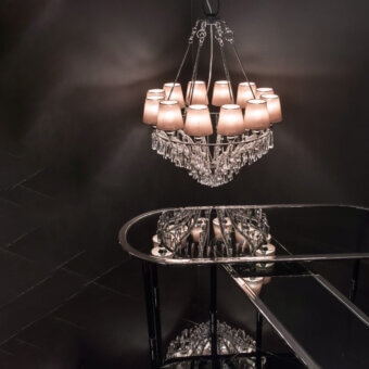 Exceptional Patrizia Garganti Ophelia Drops chandelier with cascading clear crystal pendants and refined silver-toned metal framework