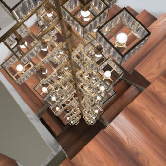 Architectural Patrizia Garganti Tur XL suspension lamp crafted in polished golden-toned metal with hand-assembled crystal modules