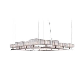 Architectural Patrizia Garganti Tur suspension lamp with crystal modules and satin-finish metal frame emitting warm amber-toned light