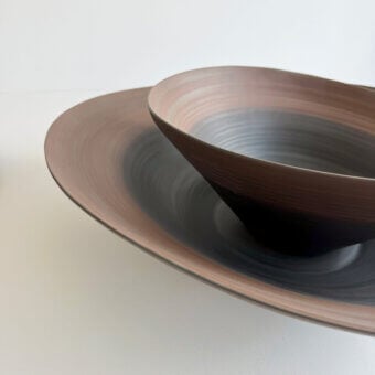 Exceptional Rina Menardi Campanelle centerpiece crafted in Italy from baked clay with satin brown tonal variations