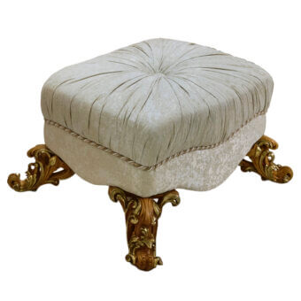 Exceptional Riva Mobili D'Arte 22260 ottoman built with muted cream textile and ornately carved glossy golden wood legs