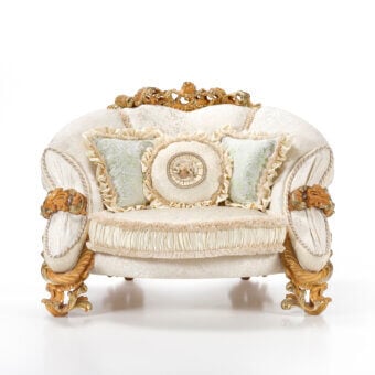 Lavish Riva Mobili D'Arte 22261 lounge chair crafted in gold leaf beech wood with tonal Italian fabrics and muted green cushions