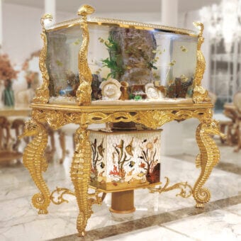 Lavish Riva Mobili D'Arte 22001 fish tank built in solid wood with gilded finish and marine life mosaic