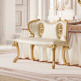 Lavish Riva Mobili D'Arte 22030 bench with gilded wood frame and pale yellow cream patterned upholstery