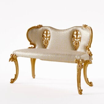 Distinguished Riva Mobili D'Arte 22030 bench crafted with ornate gilded wood and cream floral textile upholstery with a glossy finish