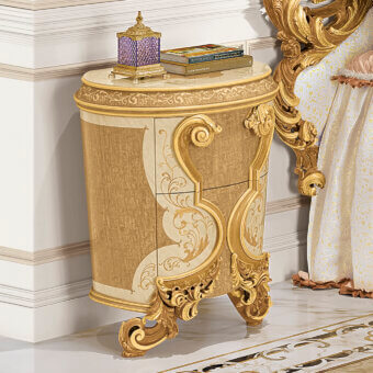Exquisite Riva Mobili D'Arte 22031 nightstand crafted in wood with gilded detailing and marble-like tabletop insert