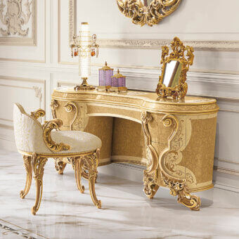 Lavish Riva Mobili D'Arte 22032 vanity desk crafted in wood with lustrous gold tone and creamy marble-like tabletop