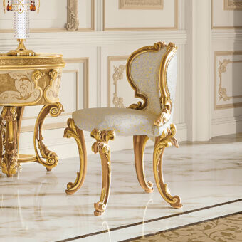 Exquisite Riva Mobili D'Arte 22033 chair handcrafted in wood with glossy golden finish and pale blue floral seat cushion