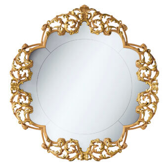 Distinguished Riva Mobili D'Arte 22037 mirror crafted in wood with radiant golden finish and ornate relief ornamentation