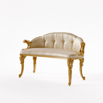 Lavish Riva Mobili D'Arte 22040 bench crafted in gold with botanical relief motifs and cream floral textile upholstery