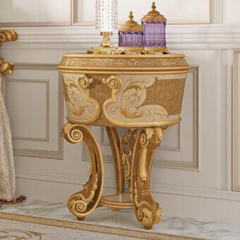 Exceptional Riva Mobili D'Arte 22041 nightstand crafted in Italy with gilded wood and ornate scrolling foliage detail