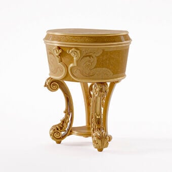 Superior handcrafted nightstand evoking neoclassical Italian design with floral carvings and glossy golden-yellow finish