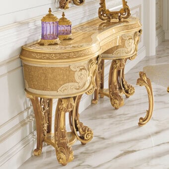 Lavish Riva Mobili D'Arte 22042 vanity desk with ornate floral carvings and scrolling motifs in golden coating