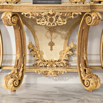 Exquisite Riva Mobili D'Arte 22055 console handcrafted with scrolling curves, floral motifs, and reflective gold finish