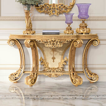 Lavish Riva Mobili D'Arte 22055 console crafted in wood with ornate floral details and glossy golden finish