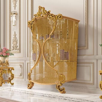 Superior handcrafted showcase exhibiting a classically inspired, curved silhouette with high-gloss golden yellow veneer