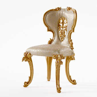 Superior Riva Mobili D'Arte 22120 chair crafted in Italy with pale grey and gold patterned upholstery and glossy golden hardwood