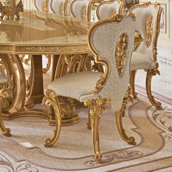Distinguished Riva Mobili D'Arte 22120 chair crafted in Italy with pale blue-green textile and glossy golden wood finish