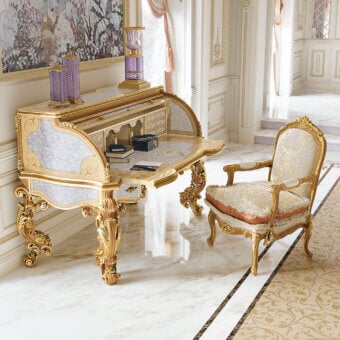 Superior Riva Mobili D'Arte 22155/M vanity desk crafted in creamy off-white wood with subtle blue-grey panels and opulent gold detailing with glossy finish