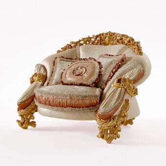 Distinguished Riva Mobili D'Arte 22161 lounge chair crafted with glossy golden wood and beige gold patterned upholstery with textured cushions