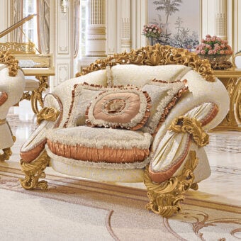 Lavish Riva Mobili D'Arte 22161 lounge chair built with wood, displaying floral reliefs and cream textile upholstery with gold accents