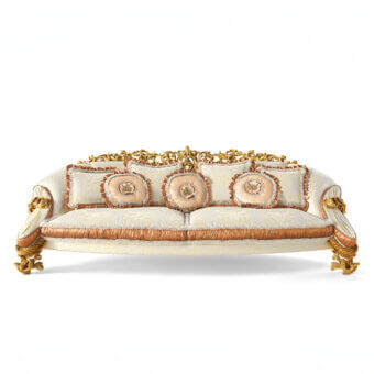 Superior Riva Mobili D'Arte 22163 sofa with sweeping curves, golden wood frame and cream patterned upholstery finish