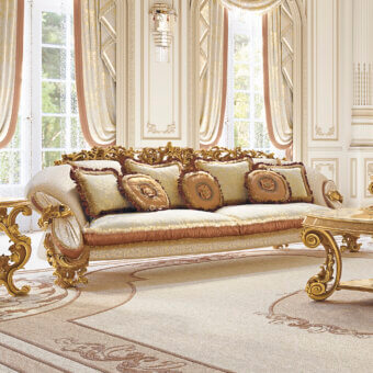 Exquisite Riva Mobili D'Arte 22163 sofa handcrafted with cream and beige patterned upholstery, gold-toned wood frame, floral motifs