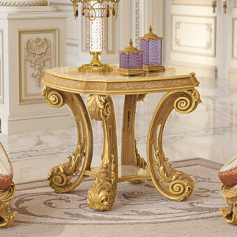 Distinguished Riva Mobili D'Arte 22173 side table crafted in richly carved wood with radiant golden finish and ornate claw feet