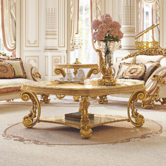 Exceptional Riva Mobili D'Arte 22174 coffee table crafted in gold-colored wood with curved lines and ornate floral detailing