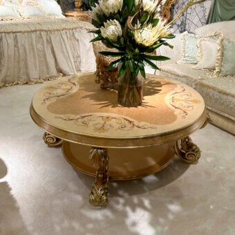 Superior Riva Mobili D'Arte 22274 coffee table crafted in Italy with ornate floral patterns and warm gold finish