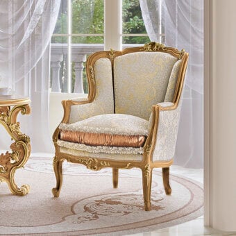 Lavish Riva Mobili D'Arte 6821 lounge chair upholstered in pale beige-grey patterned textile with glossy golden wood frame
