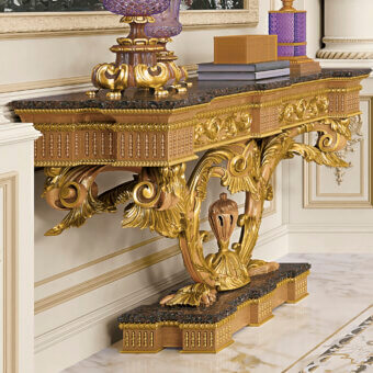 Distinguished Riva Mobili D'Arte 9055 console crafted with dark speckled stone and gold-toned gilded carved wood