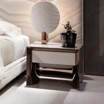 Distinguished Visionnaire Ca' Foscari nightstand with dark brown exterior and creamy-white inset drawers crafted with curved stainless steel and high-gloss lacquer