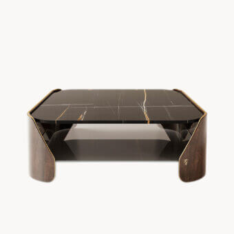 Distinguished Visionnaire Fitzgerald coffee table with curved poplar plywood and dark marble, exhibiting a glossy finish