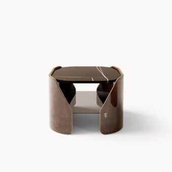 Superior Visionnaire Fitzgerald coffee table with dark marble, glossy poplar plywood, and a smoked glass shelf