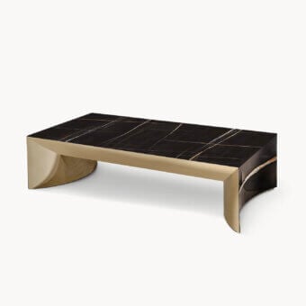 Architectural Visionnaire Kerwan coffee table crafted with hand-polished curved marble and extra-white glass with a golden-toned metal base