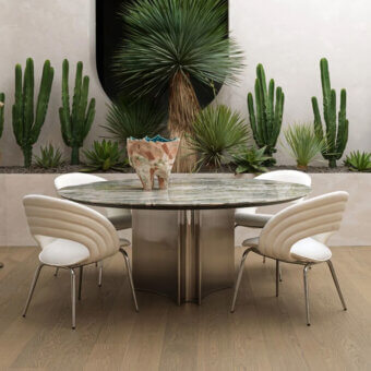 Exceptional Visionnaire Kerwan Outdoor round table with vibrant green marble tabletop and hand-polished 316 stainless steel base