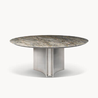 Elegant Visionnaire Kerwan Outdoor table crafted in Italy with grey, beige, and brown marble and satin finished stainless steel